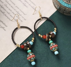 Handmade Enamel Turquoise Drop Earrings Vintage Boho Dangle - Design 8 image